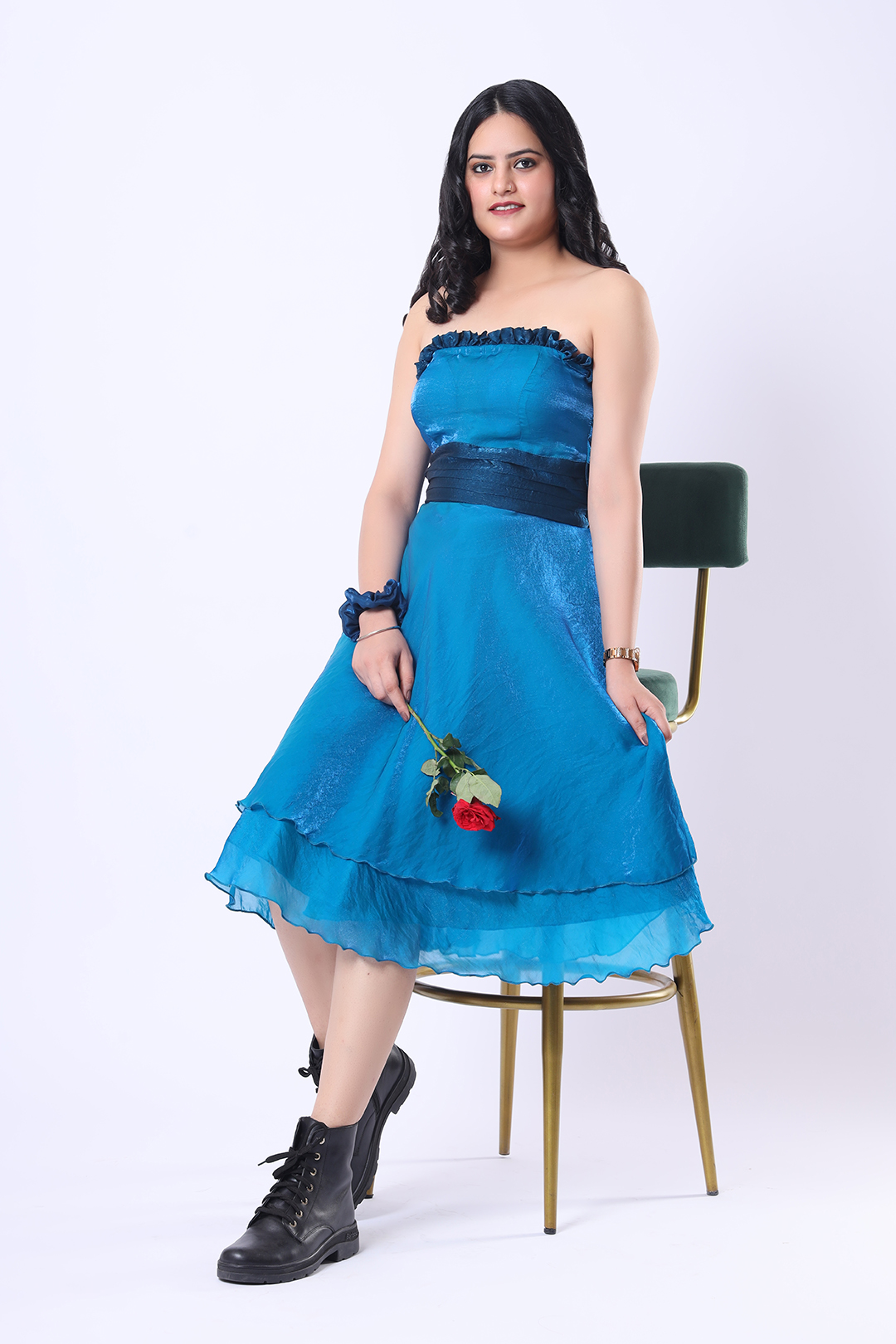 Vglame Firozi Blue Off-Shoulder Double Layered Glow Satin & Chiffon Glow Satin